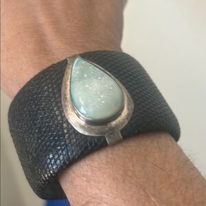 Black Leather Bracelet with Sterling Silver and Green Stone